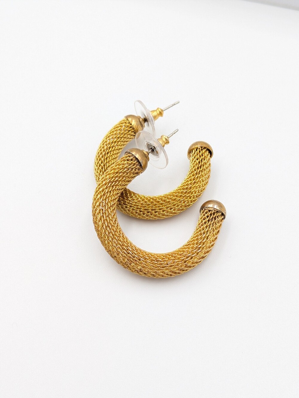 Vintage gold tone mesh semi hoop stud earrings